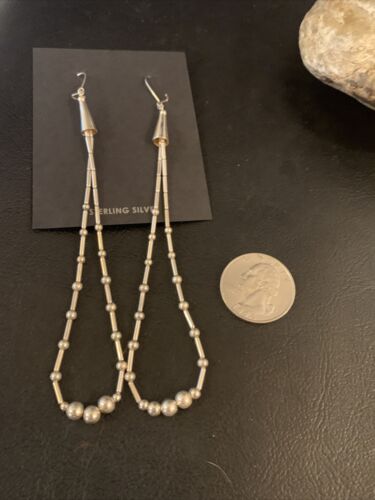 Navajo XL Liquid Heishi Sterling Silver Pearls Beads Earrings | 4" | Authentic Native American Handmade | 13034