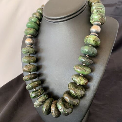 Navajo Chunky Graduated Natural Green Turquoise Necklace | Sterling Silver | Authentic Native American | 21" | 11359