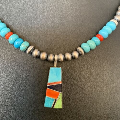 Navajo Blue Turquoise Coral Pendant Necklace | Sterling Silver Inlay | Authentic Native American Handmade | 13839