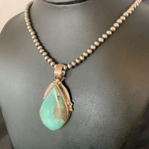 Men's Navajo Pearls Necklace with Blue Kingman Turquoise Pendant | Sterling Silver | Native American Handmade | 12600