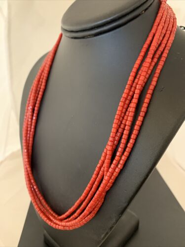 Southwestern Navajo 5-Strand Red Coral Bead Necklace | Sterling Silver | Authentic Native American Handmade | 01954