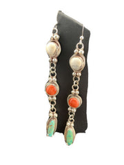 Navajo Howlite, Spiny Oyster & Turquoise Dangle Earrings | Sterling Silver | Authentic Native American Handmade | 1629