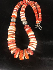 Navajo Red Spiny Oyster Necklace | Sterling Silver | Authentic Native American | Graduated | 21" | 8484