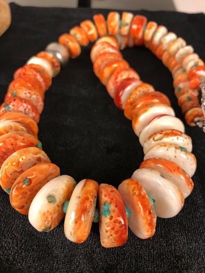 Navajo Orange Spiny Oyster Turquoise Necklace | Sterling Silver | Native American Handmade | 22" | 01822 - Masha USA