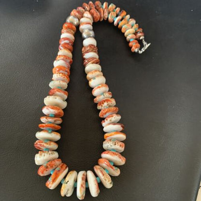 Navajo Turquoise & Red Spiny Oyster Necklace | Sterling Silver | Authentic Native American | 24" | 12734