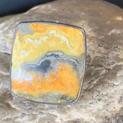 Yellow Square Bumble Bee Jasper Ring Sz 8 Adjustable | Navajo Sterling Silver | Handmade 14022