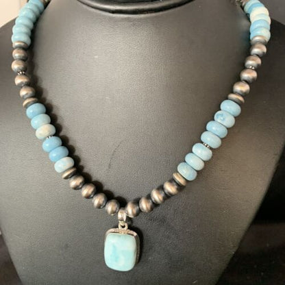 Men's Navajo Sterling Silver Necklace | Blue Larimar Pendant 10mm | Natural | 14003