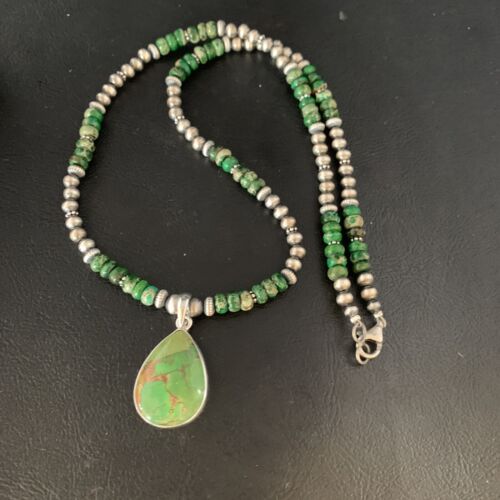 Navajo Green Mojave Turquoise Pendant Necklace | Sterling Silver | Native American Handmade | 13466