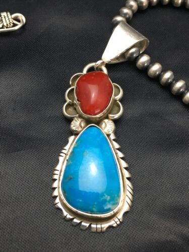 Navajo Turquoise & Coral Pendant Necklace | Sterling Silver | Authentic Native American Handmade | 2580