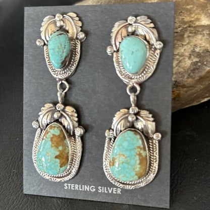 Navajo Blue #8 Turquoise Dangle Earrings | Sterling Silver | Authentic Native American Handmade | 14338