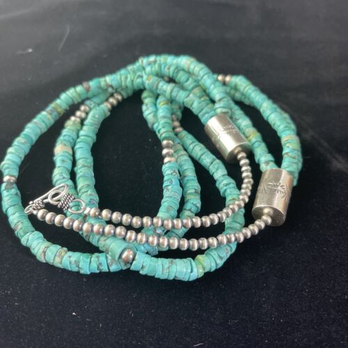Navajo Turquoise Heishi Necklace | Sterling Silver 3 Strand 7mm | 24" | Authentic Native American Handmade | 01769