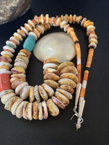 Native American Santo Domingo Necklace | Silver Shell Turquoise | 32" | 12060