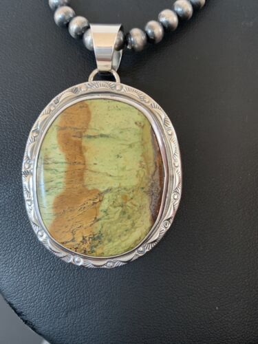 Navajo Green Gaspeite Pendant Necklace | Sterling Silver | Authentic Native American Handmade | 388