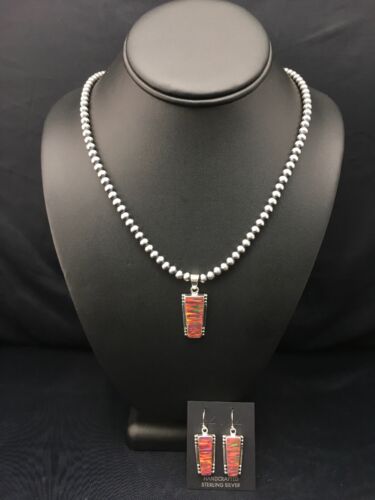 Navajo Red Opal Pendant Necklace & Earrings Set | Sterling Silver | Native American Handmade | 4402