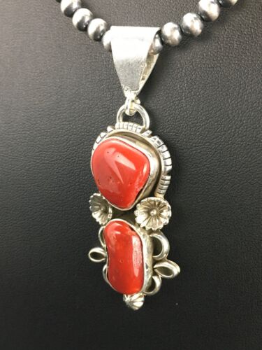 Navajo Red Coral Pendant Necklace | Sterling Silver | Authentic Native American Handmade | 2581