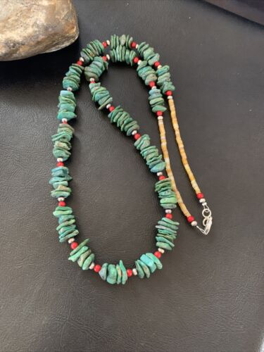 Navajo Green Turquoise Coral Shell Necklace | Sterling Silver | 28" | Authentic Native American Handmade | 11710