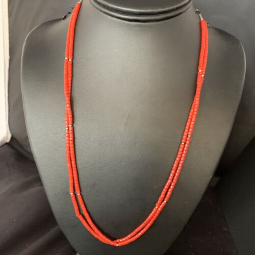 USA Red Coral Liquid Heishi 2 Strands Sterling Silver Tubes 22in Necklace 768