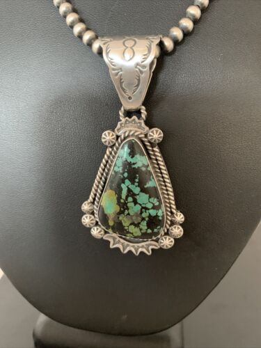 Men's Navajo Green Spiderweb Turquoise Pendant | Sterling Silver Necklace | Authentic Native American Handmade | 01978
