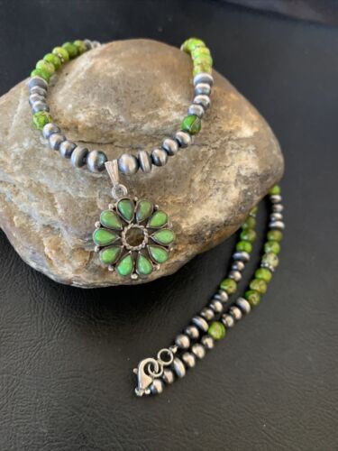 Navajo Green Gaspeite Turquoise Multi-Stone Pendant | Authentic Native American Sterling Silver | 12264