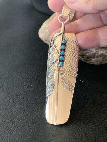 Navajo Turquoise Feather Pendant | Authentic Native American Sterling Silver | Multi-Stone | Handmade | 3.5" | 2106