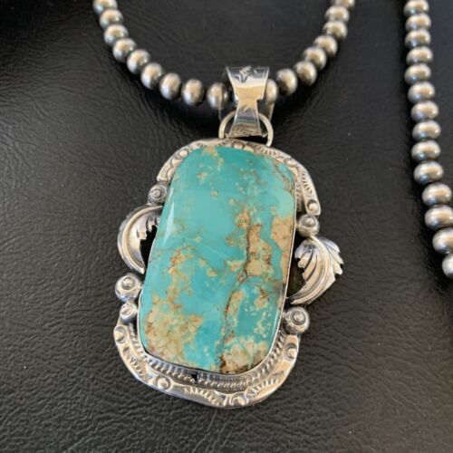 Navajo Pearls Necklace with Blue Royston Turquoise Pendant | Sterling Silver | Native American Handmade | 12289