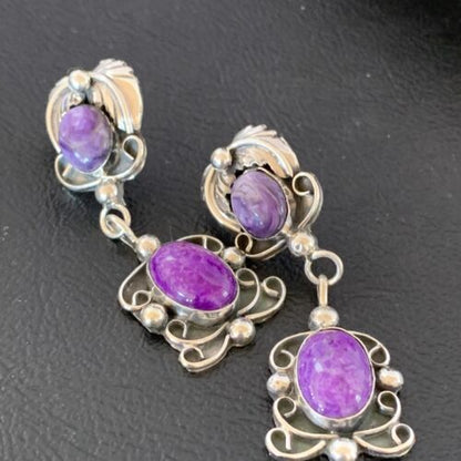 Navajo Purple Sugilite Dangle Post Earrings | Sterling Silver | 2" | Authentic Native American Handmade | 1524
