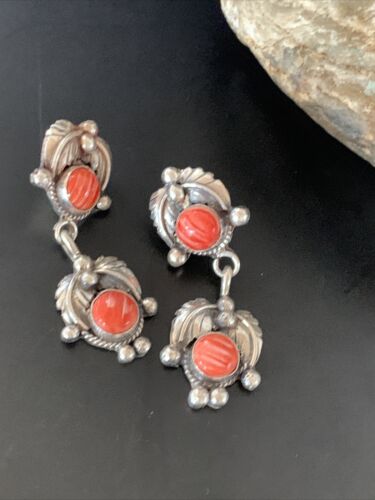 Native American Handmade Navajo Red Spiny Oyster Dangle Earrings | Sterling Silver | 2061