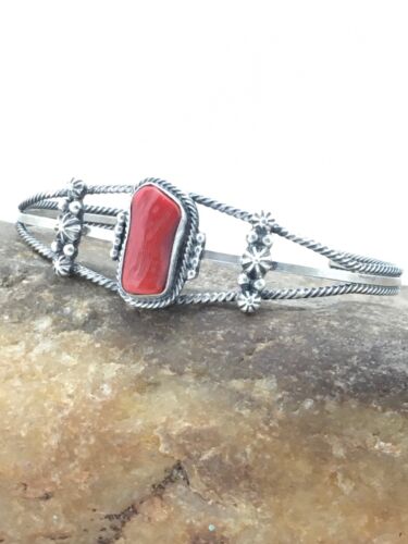 Native American Red Coral Navajo Bracelet | Sterling Silver | Authentic Handmade | 4731