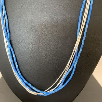Navajo Denim Lapis Tube Beads Necklace | 5-Strand Liquid Silver Heishi | Sterling Silver | 02179 - Masha USA