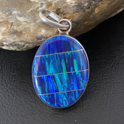 Navajo Sterling Silver Peacock Blue Opal Inlay Pendant | Men's Women's | Authentic Native American | 13141