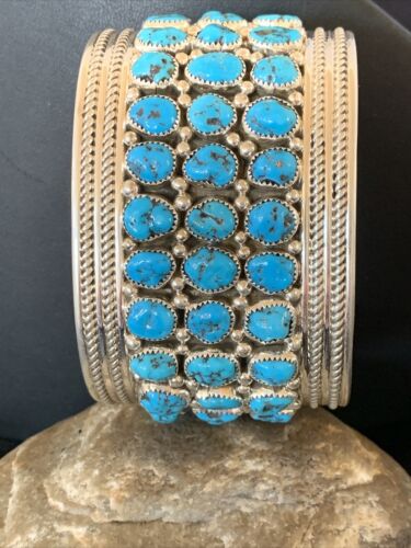 Sterling Silver Blue Kingman Turquoise Cuff Bracelet | 3 Row Stone | Authentic Native American Handmade | 12167