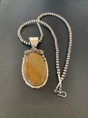 Men's Navajo Pearls Necklace with Sterling Silver Coffee Tigers Eye Pendant | Authentic Native American Handmade | 01771