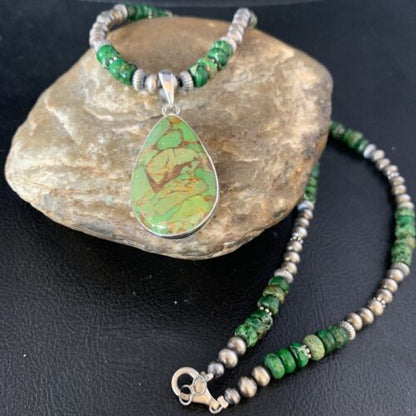 Navajo Green Mojave Turquoise Pendant Necklace | Sterling Silver | Native American Handmade | 13461
