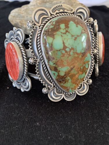 Navajo Royston Turquoise Spiny Oyster Cuff Bracelet | Sterling Silver | Authentic Native American Handmade | 1162