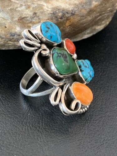 Native American Navajo Sterling Silver Ring | Blue Turquoise & Spiny Oyster | Multi-Stone | Sz 9.5 | 02160