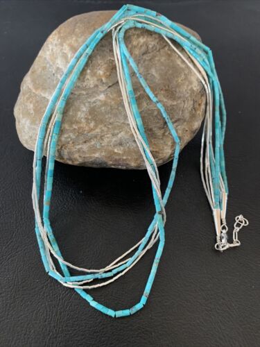 Navajo Turquoise Tube Beads | Liquid Silver Heishi | 5-Strand Sterling Silver Necklace 21" | 2178