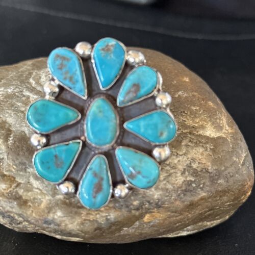 Navajo Blue Turquoise Cluster Ring | Authentic Native American Sterling Silver | Multi-Stone | Sz 7 | 14728