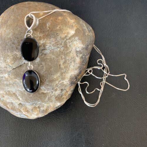 Navajo Black Onyx Inlay Pendant | Sterling Silver | Authentic Native American Handmade | 12933