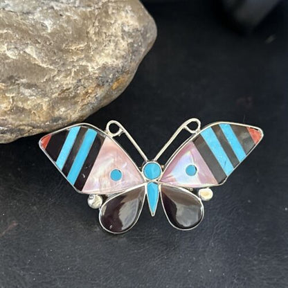 Zuni Butterfly Inlay Ring | Coral Turquoise Onyx Mother of Pearl | Sz 7 | Sterling Silver | 14435