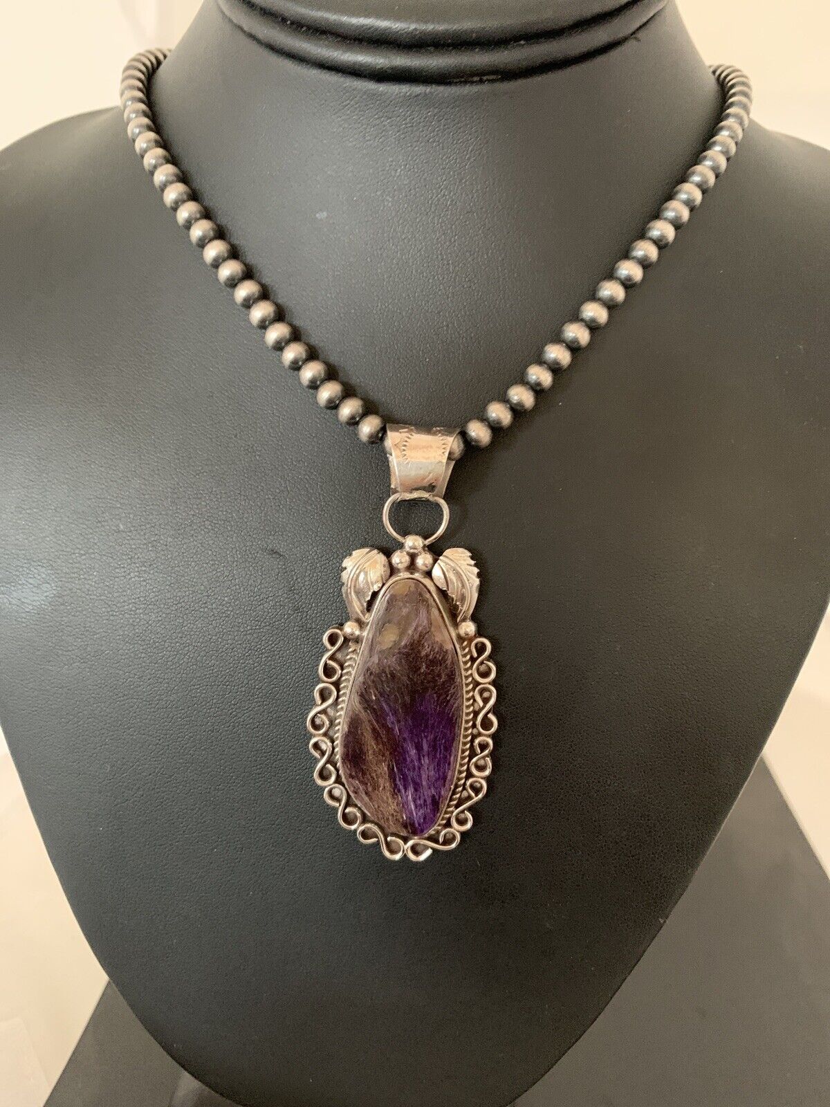 Navajo Pearls Necklace with Purple Charoite Pendant | Sterling Silver | Authentic Native American Handmade | 652