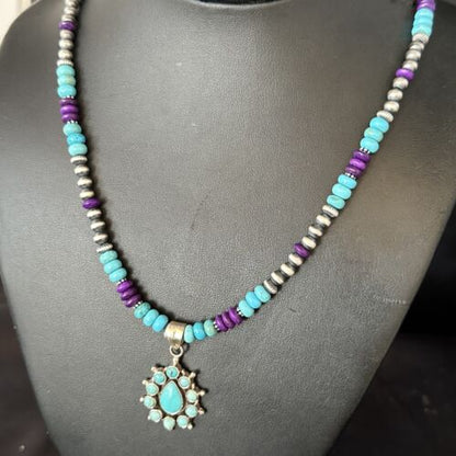 Blue Turquoise Sugilite Multi-Stone Necklace Pendant | Navajo Sterling Silver | 14640