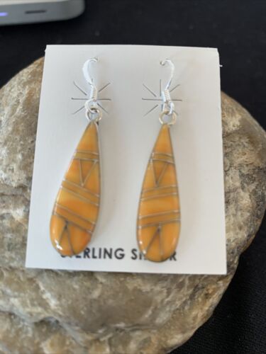 Navajo Orange Spiny Oyster Inlay Earrings | Sterling Silver | 1.5" | Authentic Native American Handmade | 976