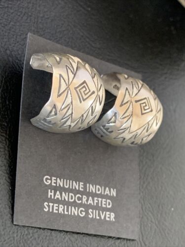 Old Pawn Women's Stamped Design Hoop Stud Earrings | Sterling Silver | 1" | 13006