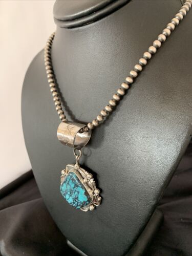 Men's Navajo Blue Spiderweb Turquoise Pendant Necklace | Sterling Silver | Authentic Native American Handmade | 10663