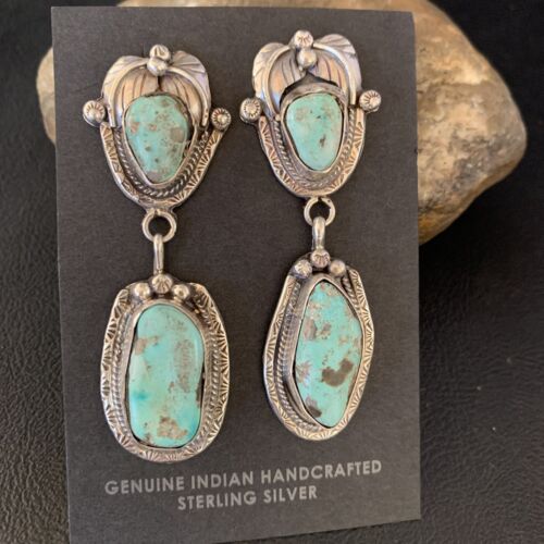 Navajo Blue Dry Creek Turquoise Post Dangle Earrings | Sterling Silver | Authentic Native American Handmade | 13873