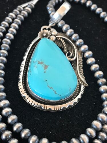 Kingman Turquoise Pendant | Navajo Pearls Sterling Silver Necklace | Authentic Native American Handmade | 8573