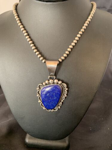 Native American Navajo Blue Lapis Pendant Necklace | Sterling Silver | Authentic Handmade | 11849 - Masha USA
