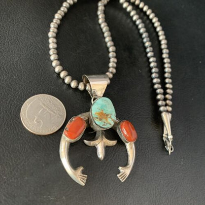Navajo Pearl Necklace with Royston Turquoise & Coral Naja Pendant | Sterling Silver | 13643