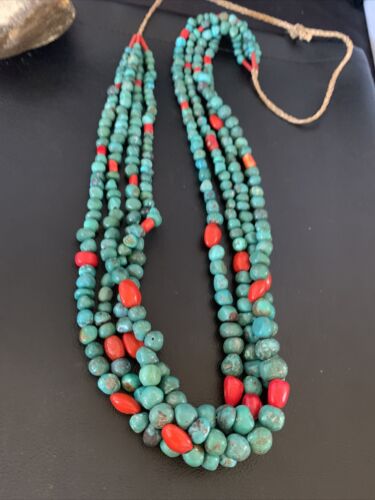 Men's Santo Domingo Blue Turquoise Coral Necklace | 4 Strand Large Bead | 34" | 13184