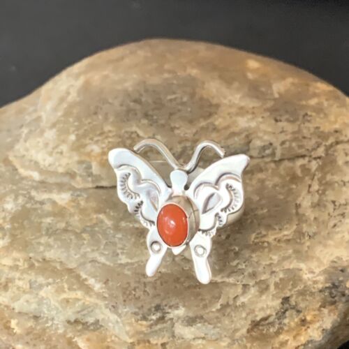 Navajo Red Spiny Oyster Butterfly Ring | Sterling Silver | Adj Sz 8 | Authentic Native American Handmade | 10341